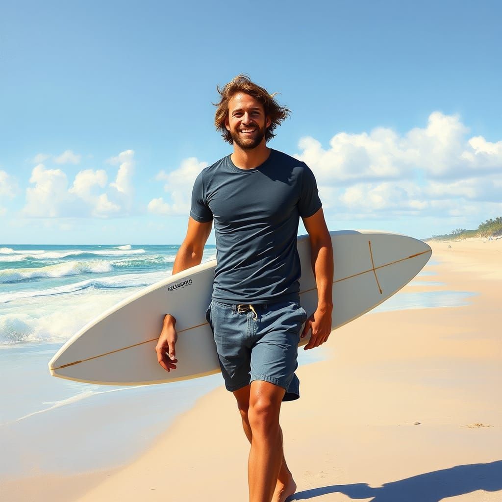 Happy European Surfer Strolling Along Golden Beach