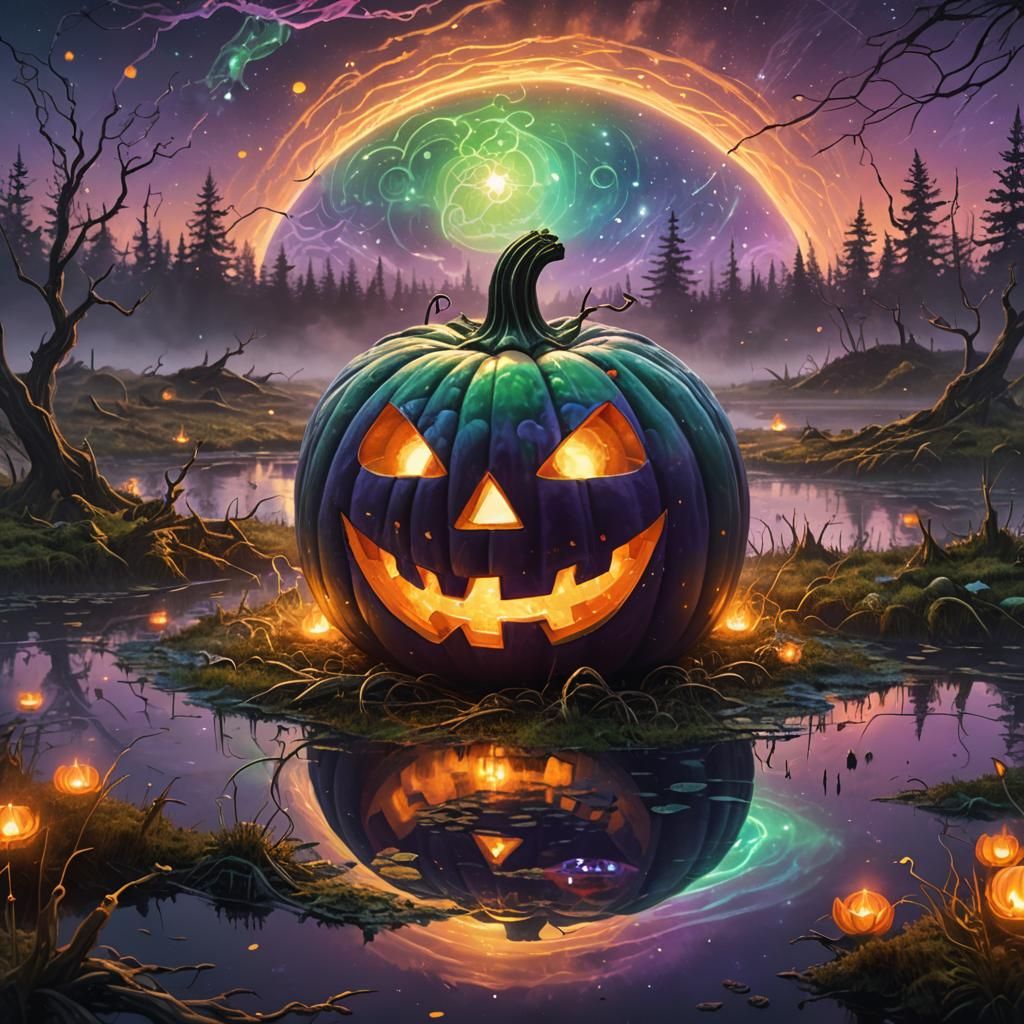 Glowing Jack-o'-Lantern in Holographic Astral Illustration