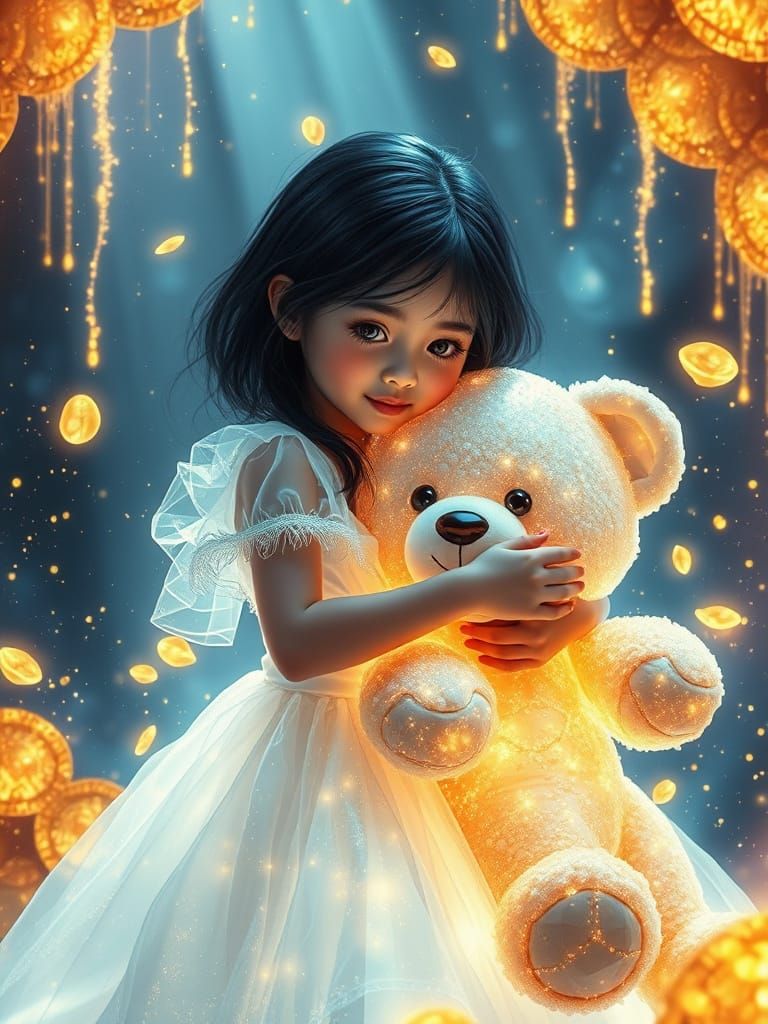 Cosmic Celestial Scene with Girl and Crystal Teddy Bear