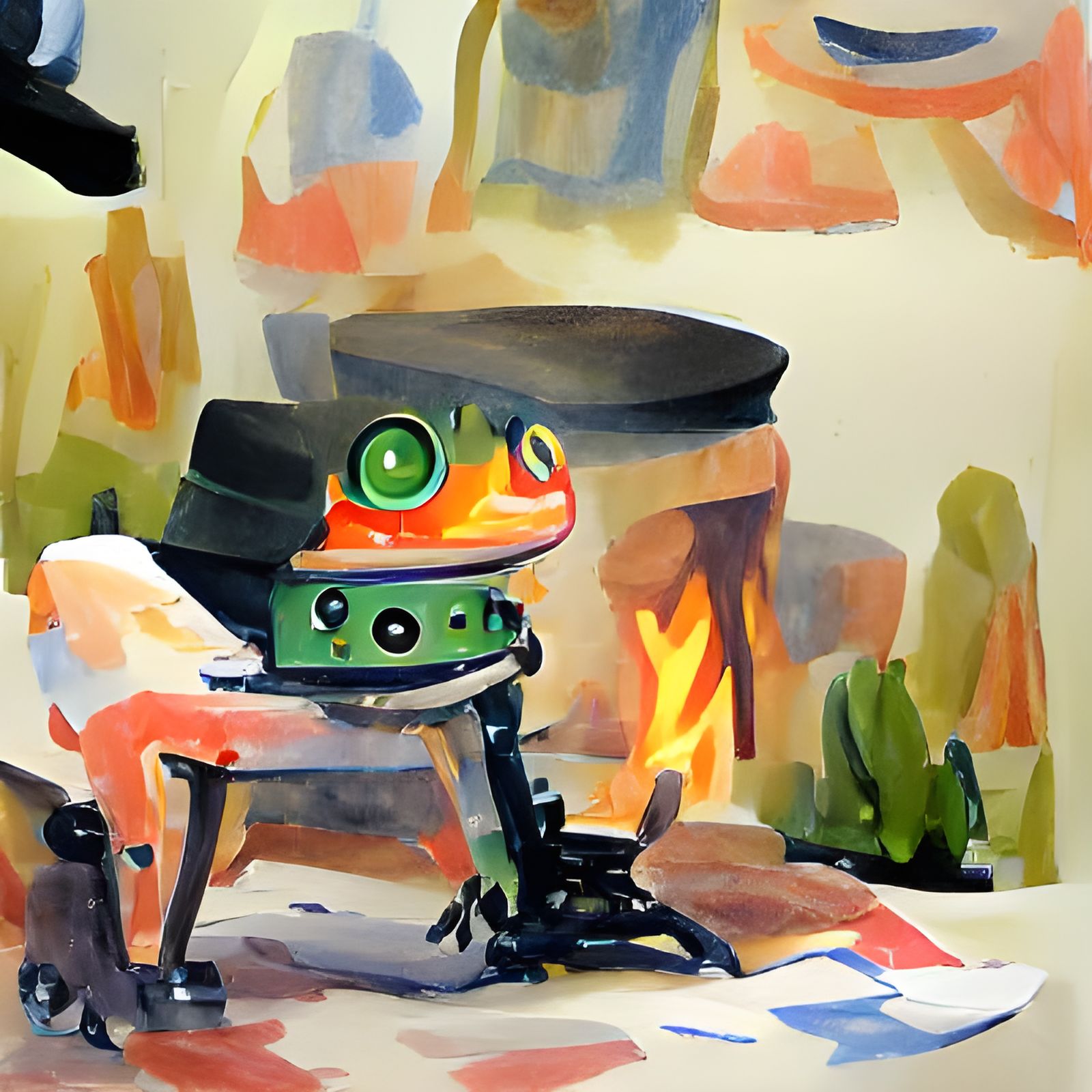Robot Frog in Top Hat: Gouache Painting by Fire