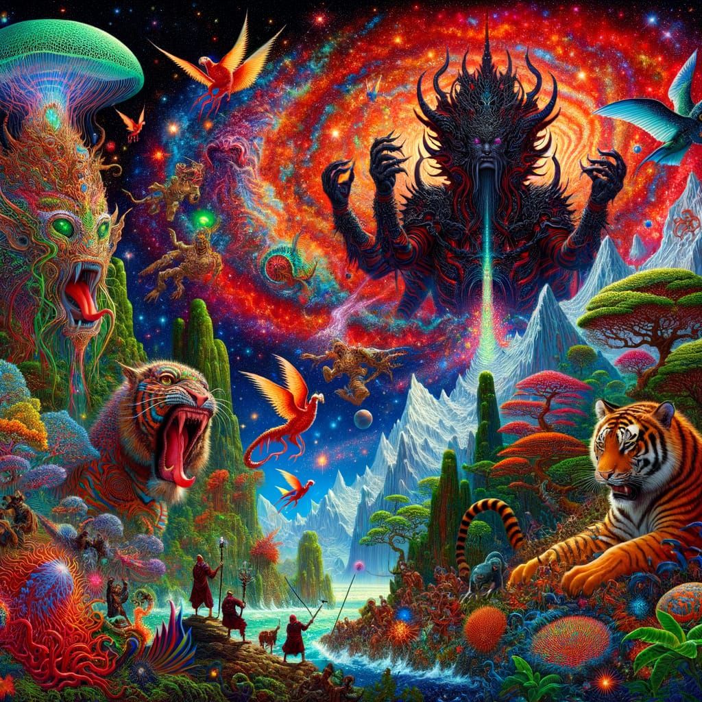 Giant Dark Elf Sorcerer in Psychedelic Alien Rainforest