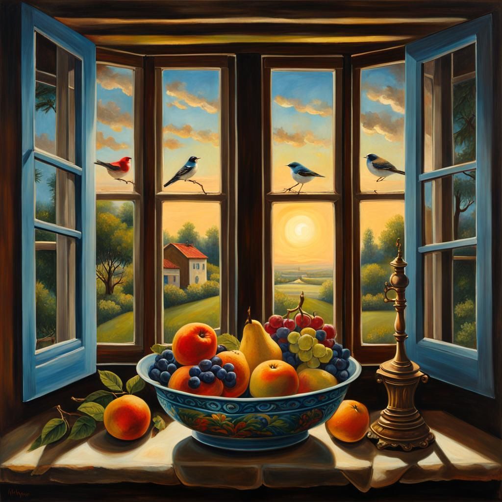 Vintage Window Still Life in Oil Painting Style