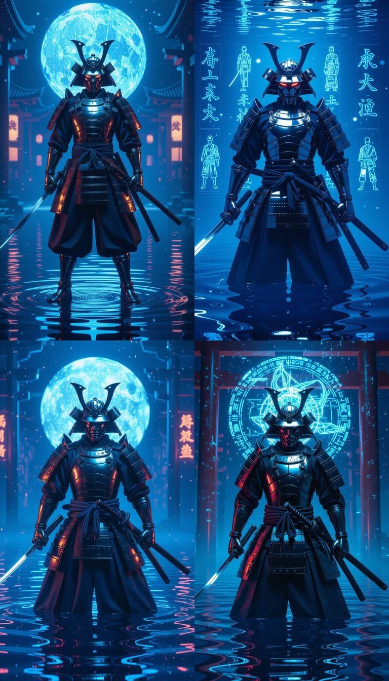 Cybernetic Samurai Meditates in Futuristic Temple
