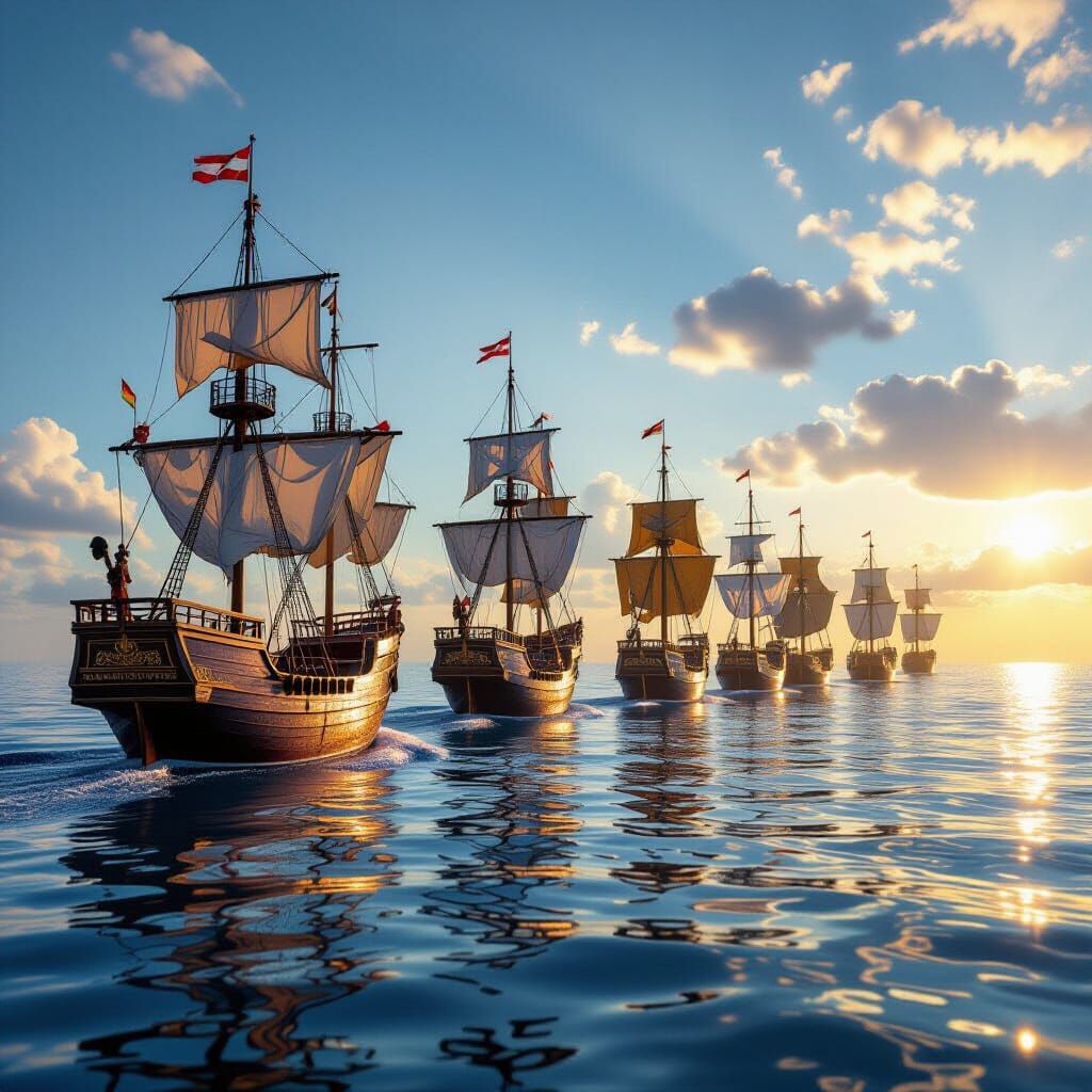 Majestic Flotilla Sailing in Golden Hour Light