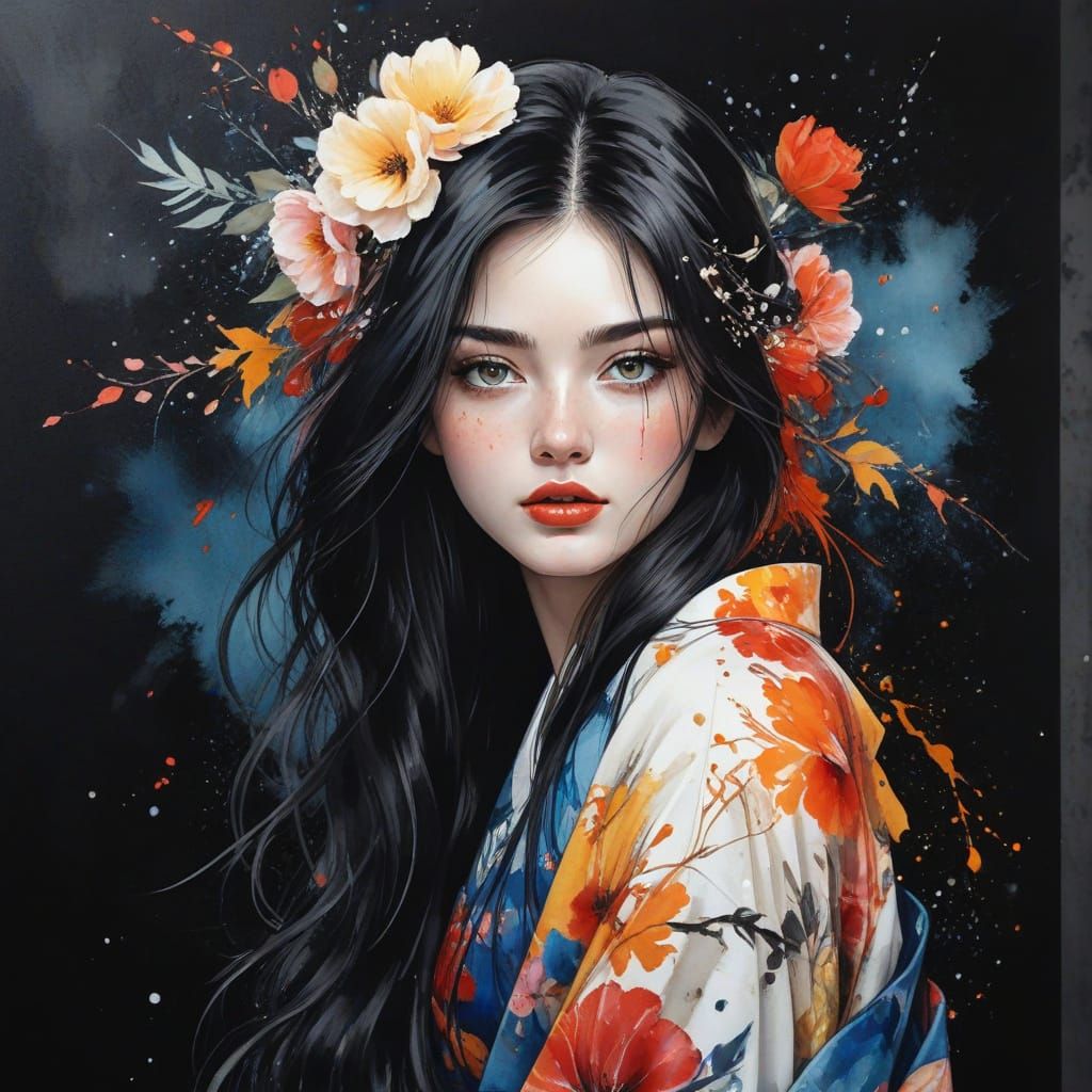 Anime-Inspired Portrait of Elegant Woman in Vibrant Kimono