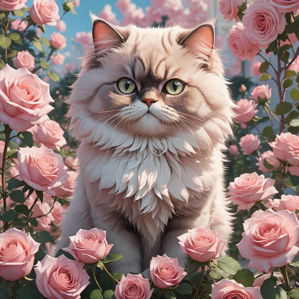 Pastel Anime Rose with Persian Cat