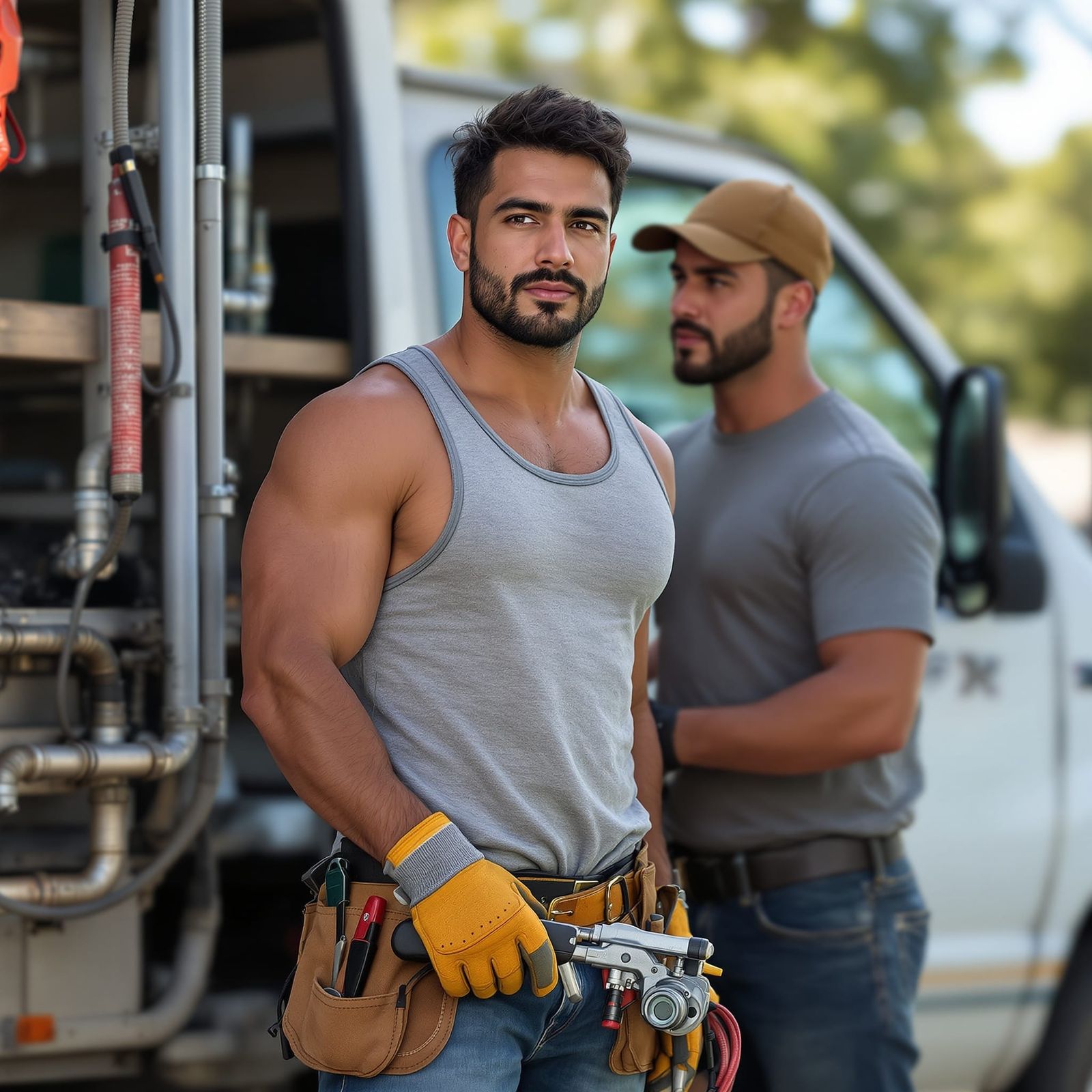 Plumbers Meeting at Truck with Plumbing Tools