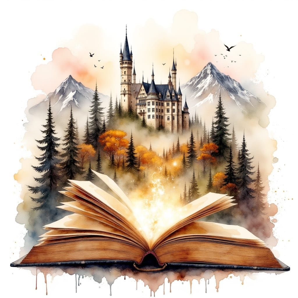 Fantasy World Emerges from Open Book in Watercolor