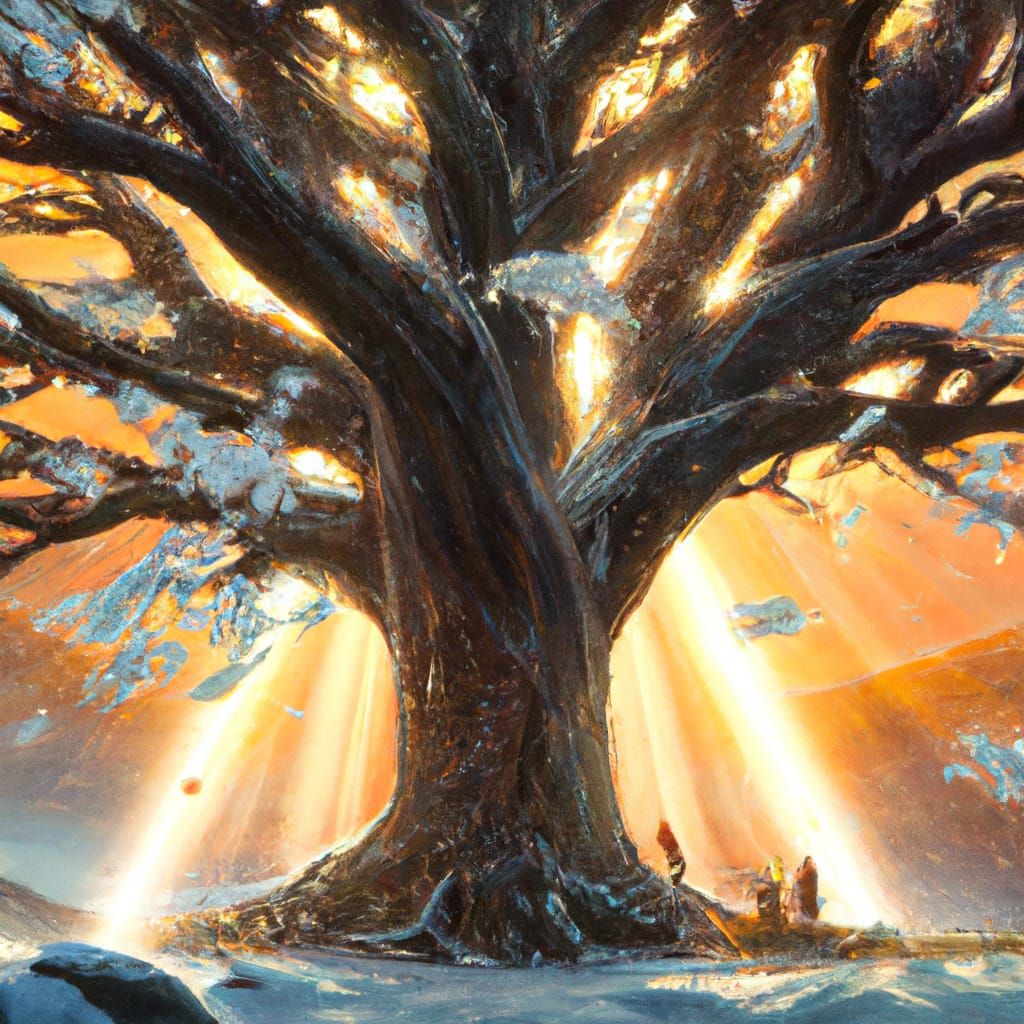 Magical Autumn Tree Bathed in Crepuscular Light