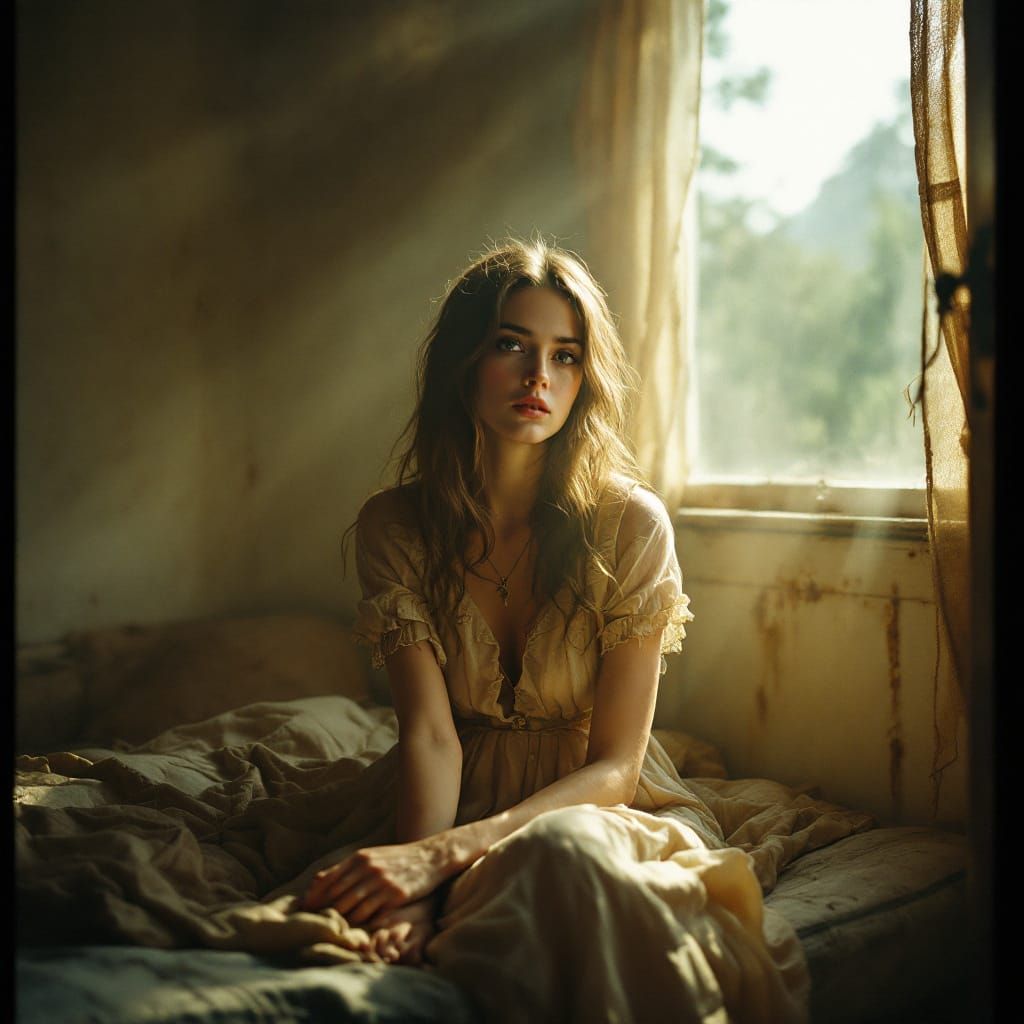 Melancholy Woman on Vintage Mattress: Cinematic Film Still