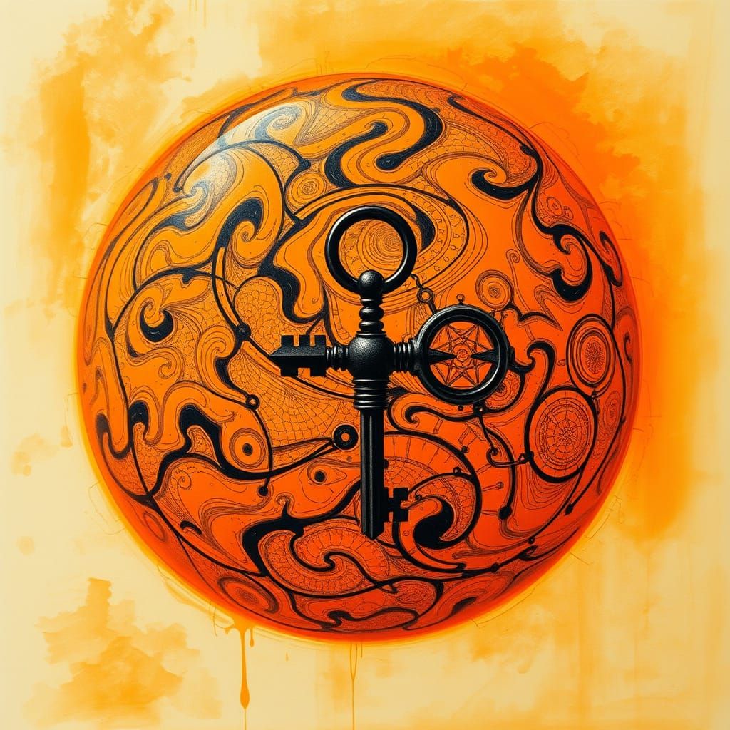 Fluorescent Ball and Key: Charcoal Drawing