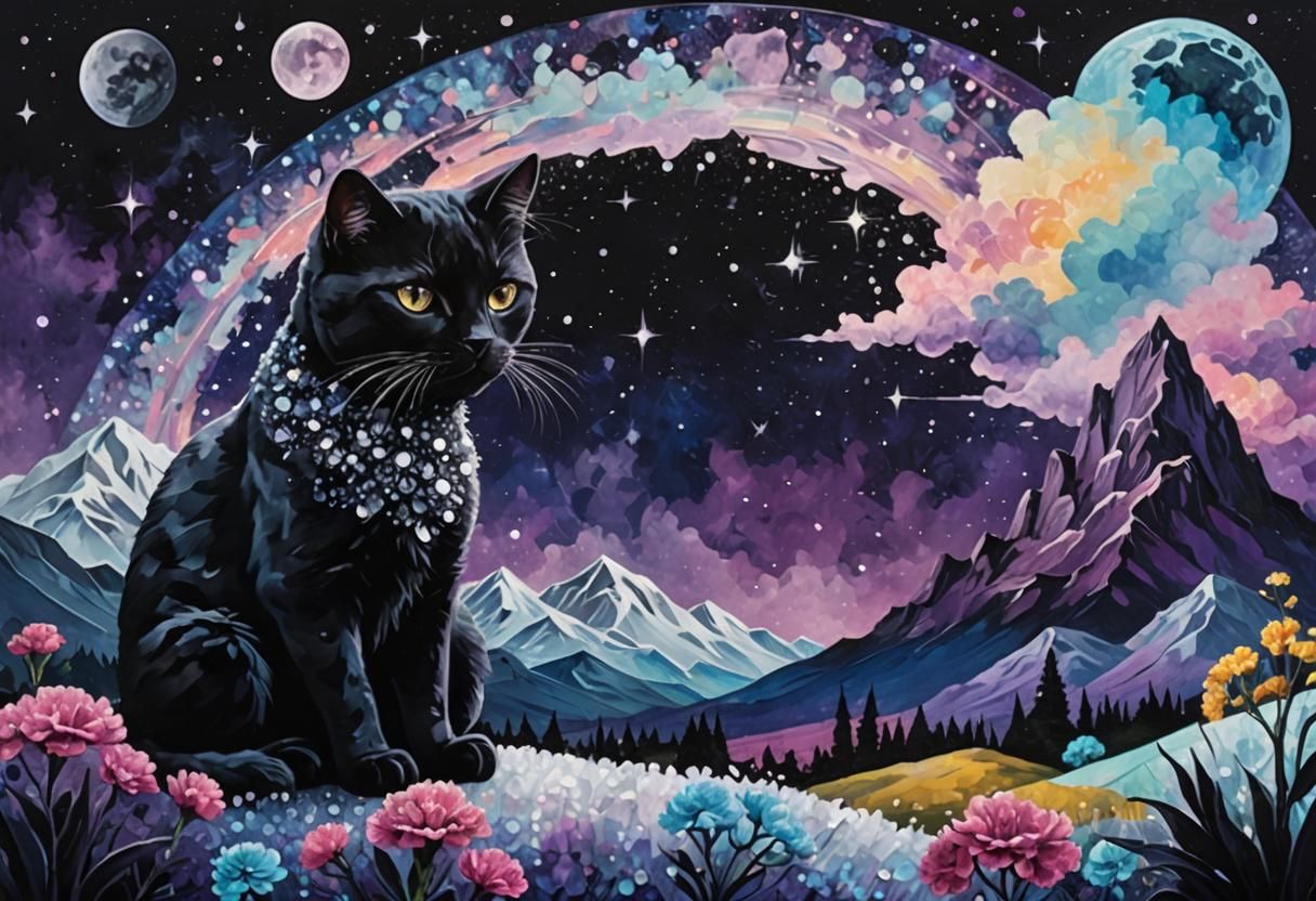 Vibrant Crystal Cat in Midst of Swirling Stormy Night