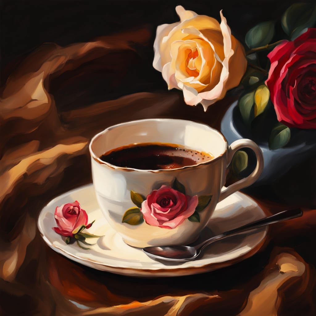 Still Life of Espresso and Rose in Oil Painting Style