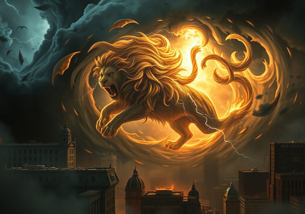Lion Shaped Storm Attacks Cityscape in Dark Fantasy
