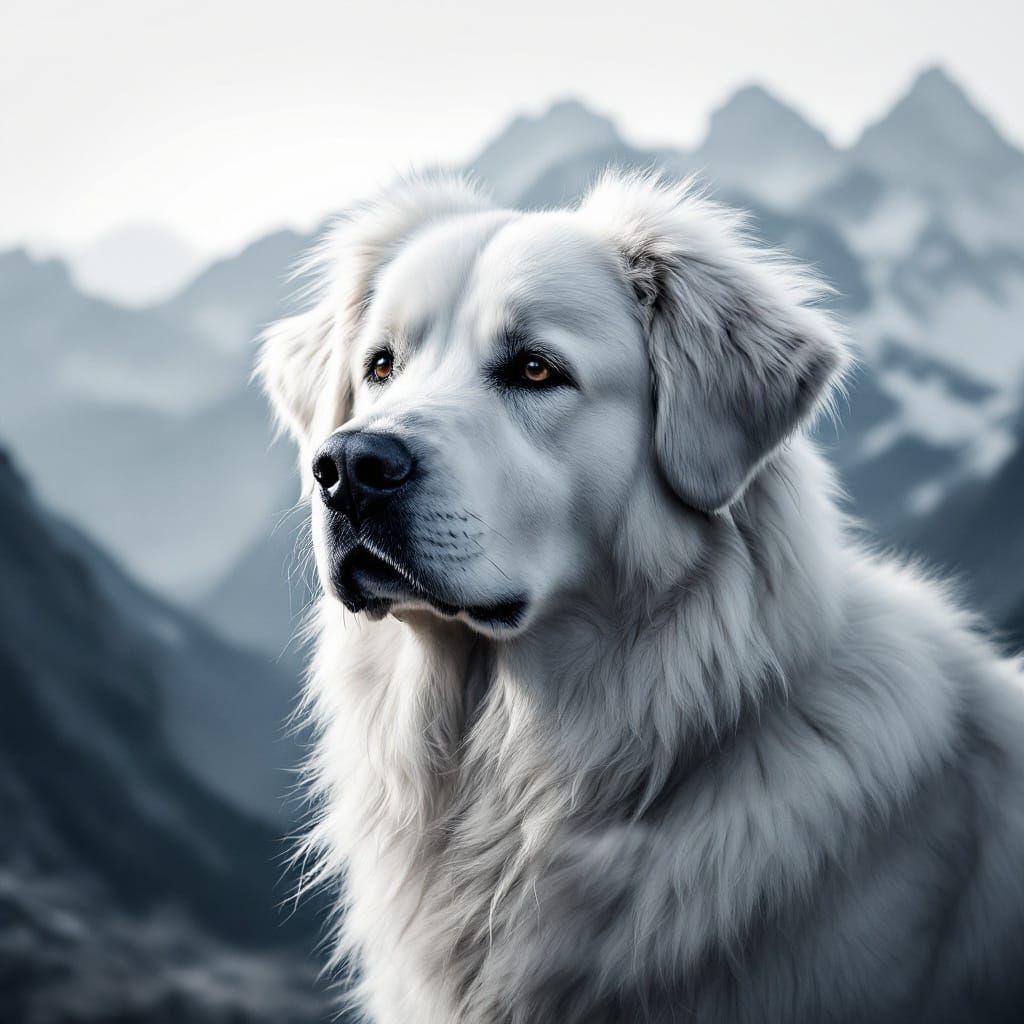 Beautiful White Great Pyrenees dog in the Pyrenees Mountains.