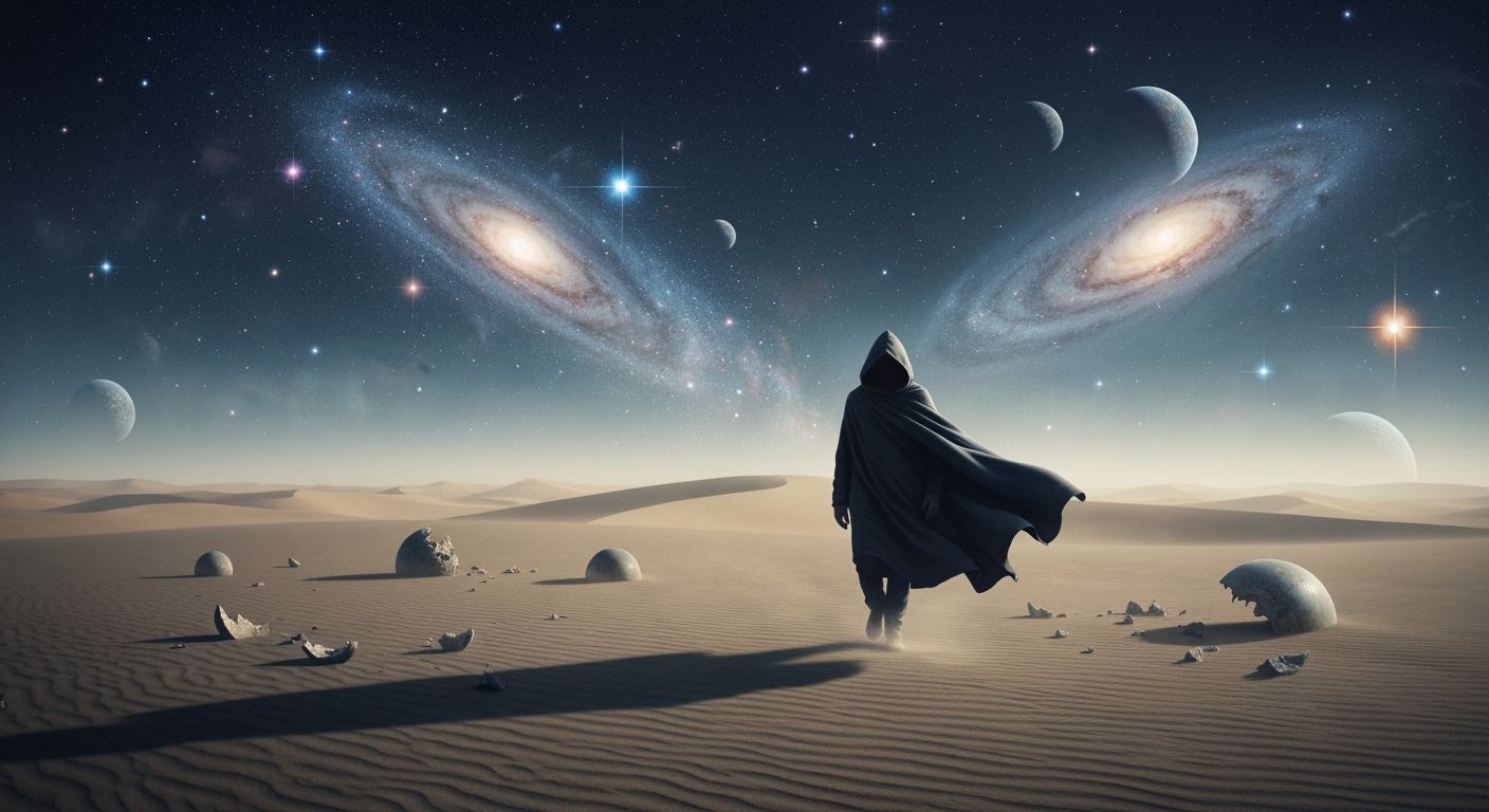 Hooded Figure in Cosmic Desert Landscape