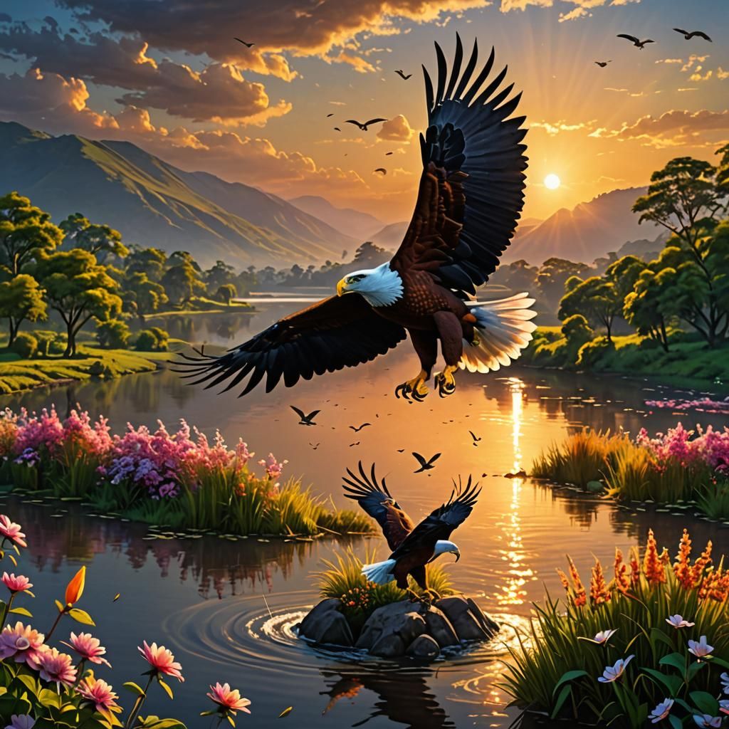 Glorious Fish Eagle Flying with Catch at Sunset