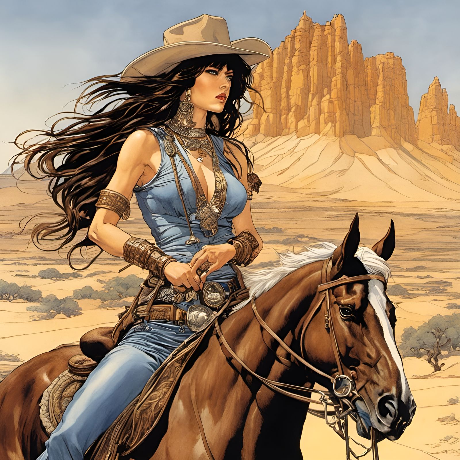 Bandita on Horseback in Desert, Comic Art Style