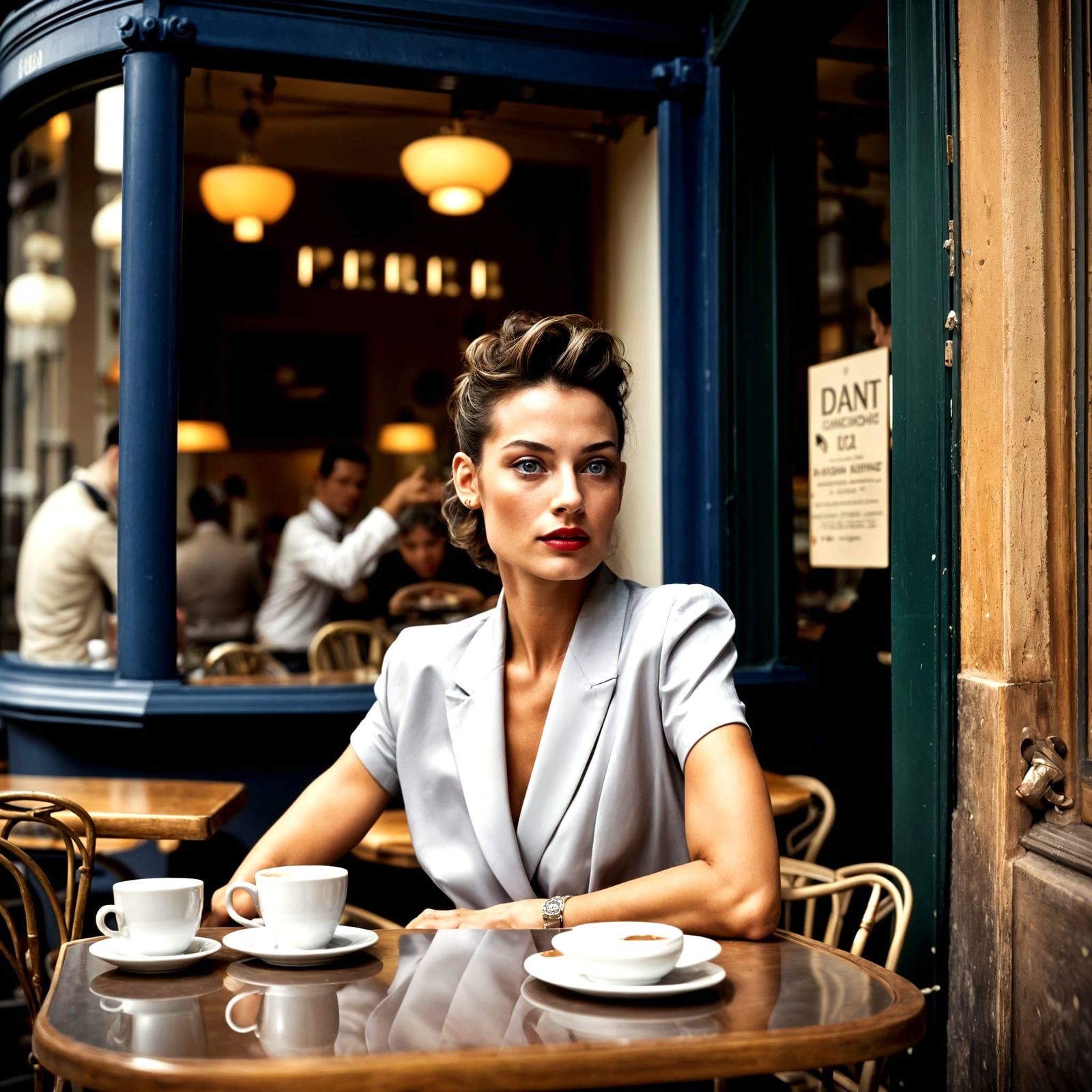 Contented Woman in French Cafe, 1990s Style