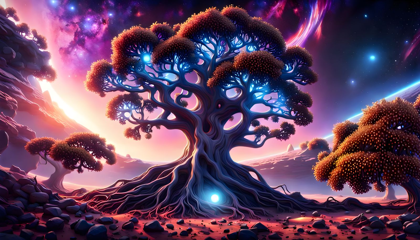 Eternal Tree Growing Inside Galaxy in Hyperrealism