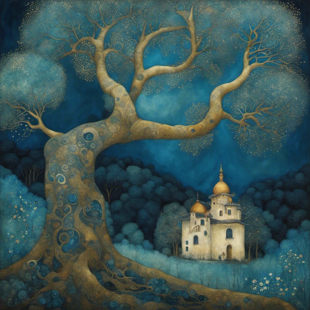 Majestic Blue Tree in Art Brut Style