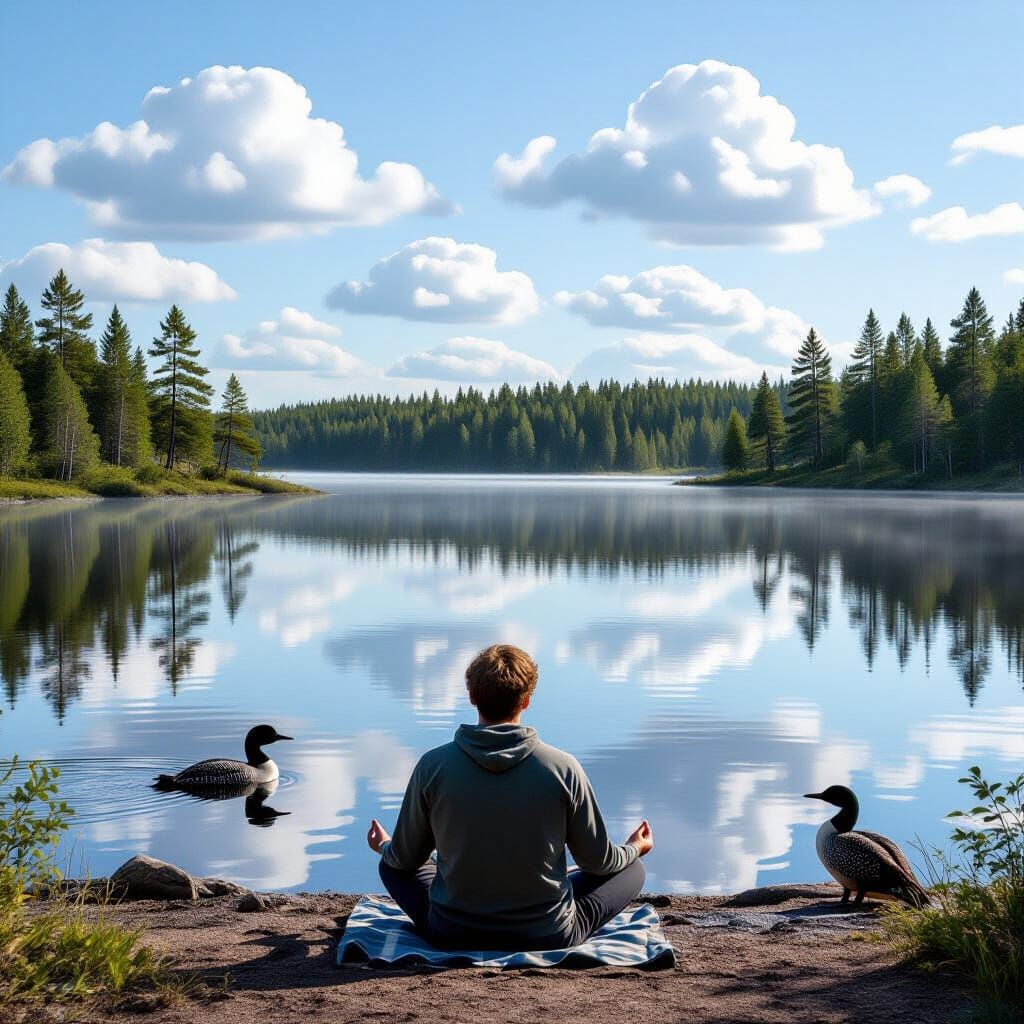 Man Meditating by Serene Forest Lake with Loon