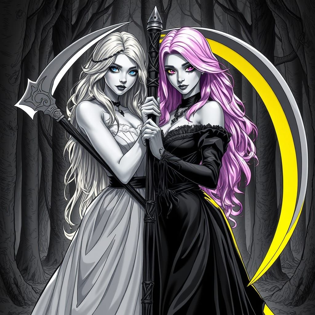 Gothic Fantasy Art: Scythe Wielders in Creepy Woods