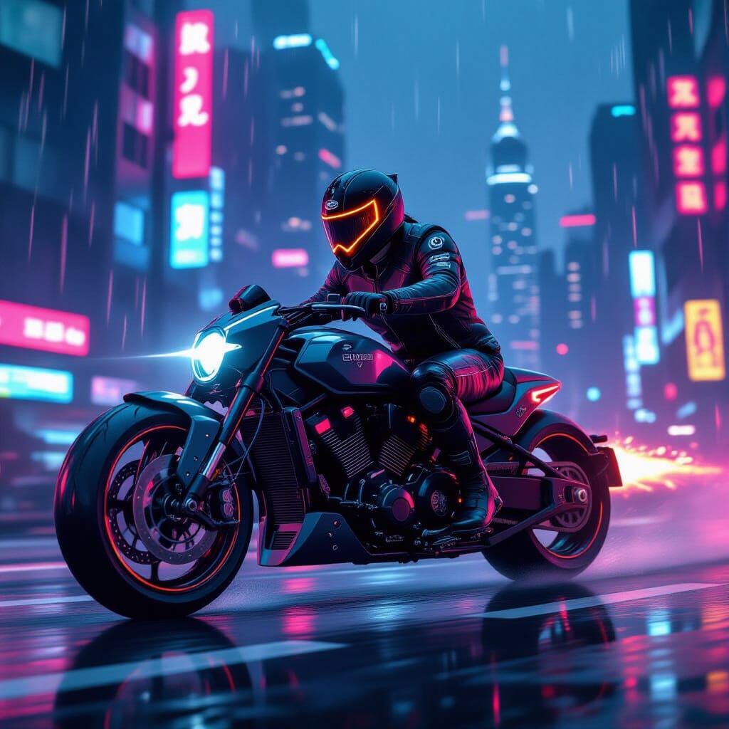 Cyberpunk Motorcyclist Races Through Neon Cityscape