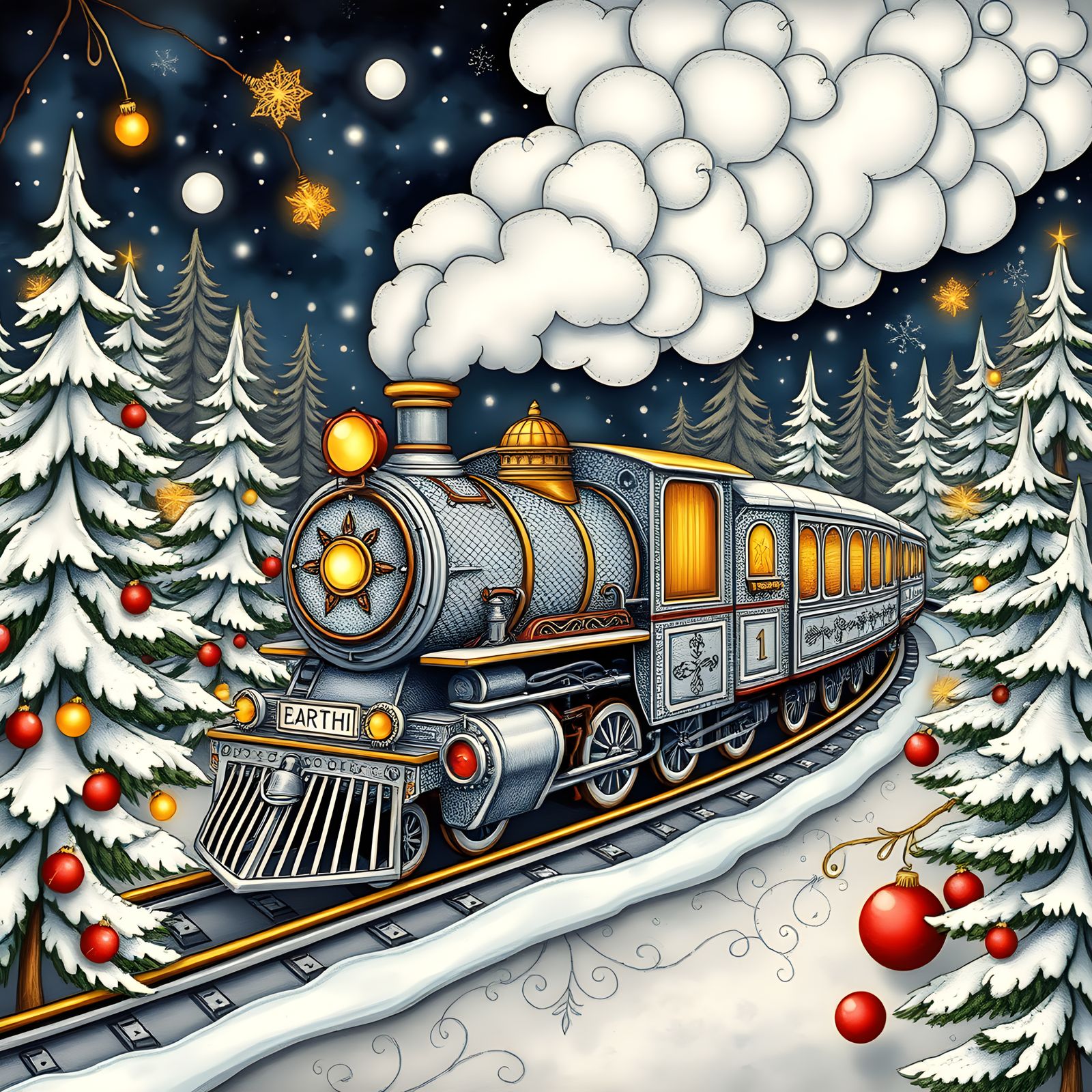 Zentangle Steam Train in Christmas Forest