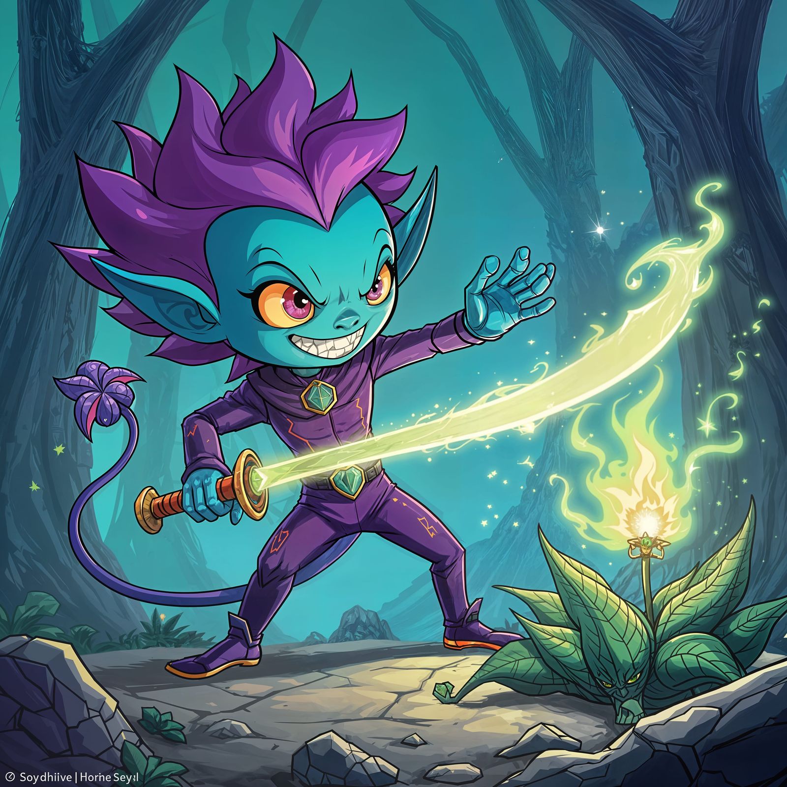 Blue Demon Battles Plant with Fire Sword