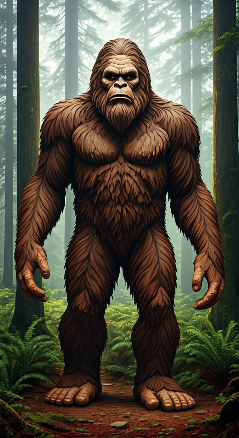 Majestic Brown Bigfoot Mosaic Sculpture in Whimsical Forest