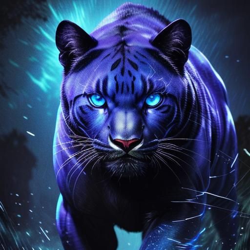 Hyperrealistic Panther with Blue Eyes in the Night