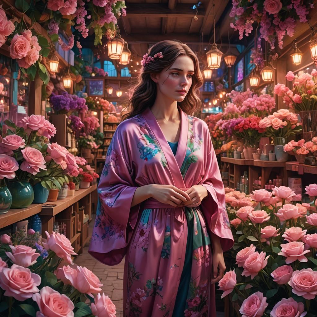 Fantastical Florist Shop with Woman in Pink Robe