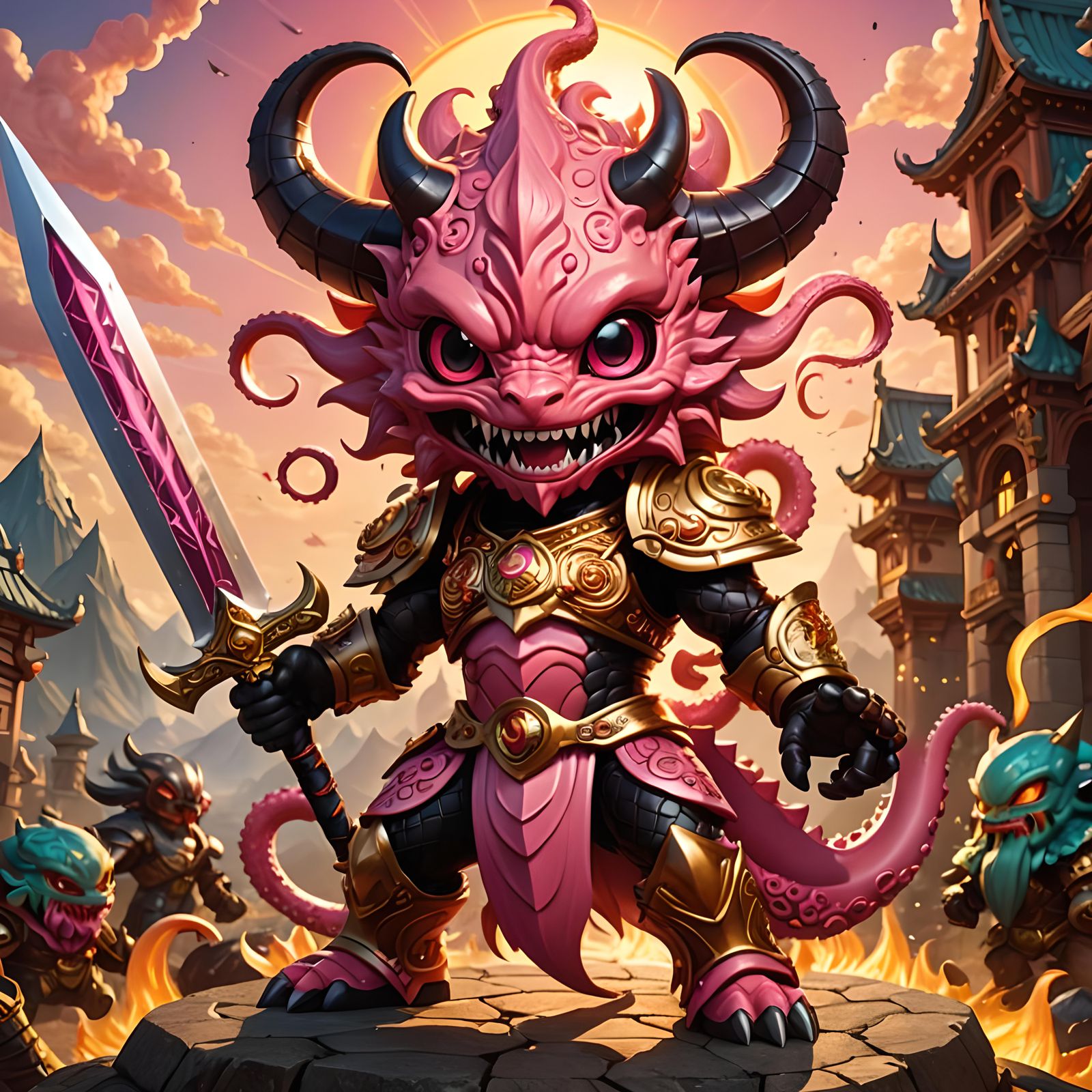 Chibi Pink Tentacle Demon Ready to Strike