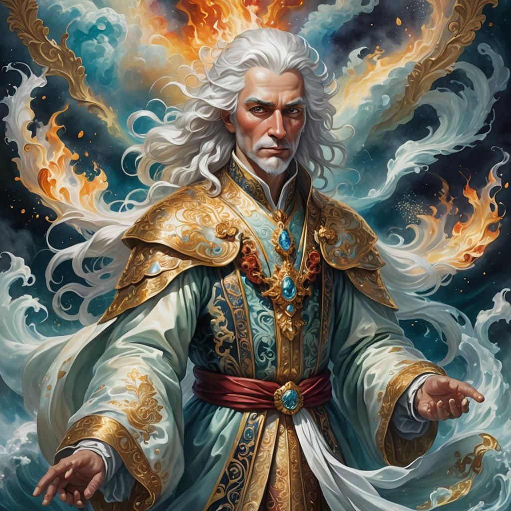 Regal Figure with Flame Eyes in Baroque Fantasy