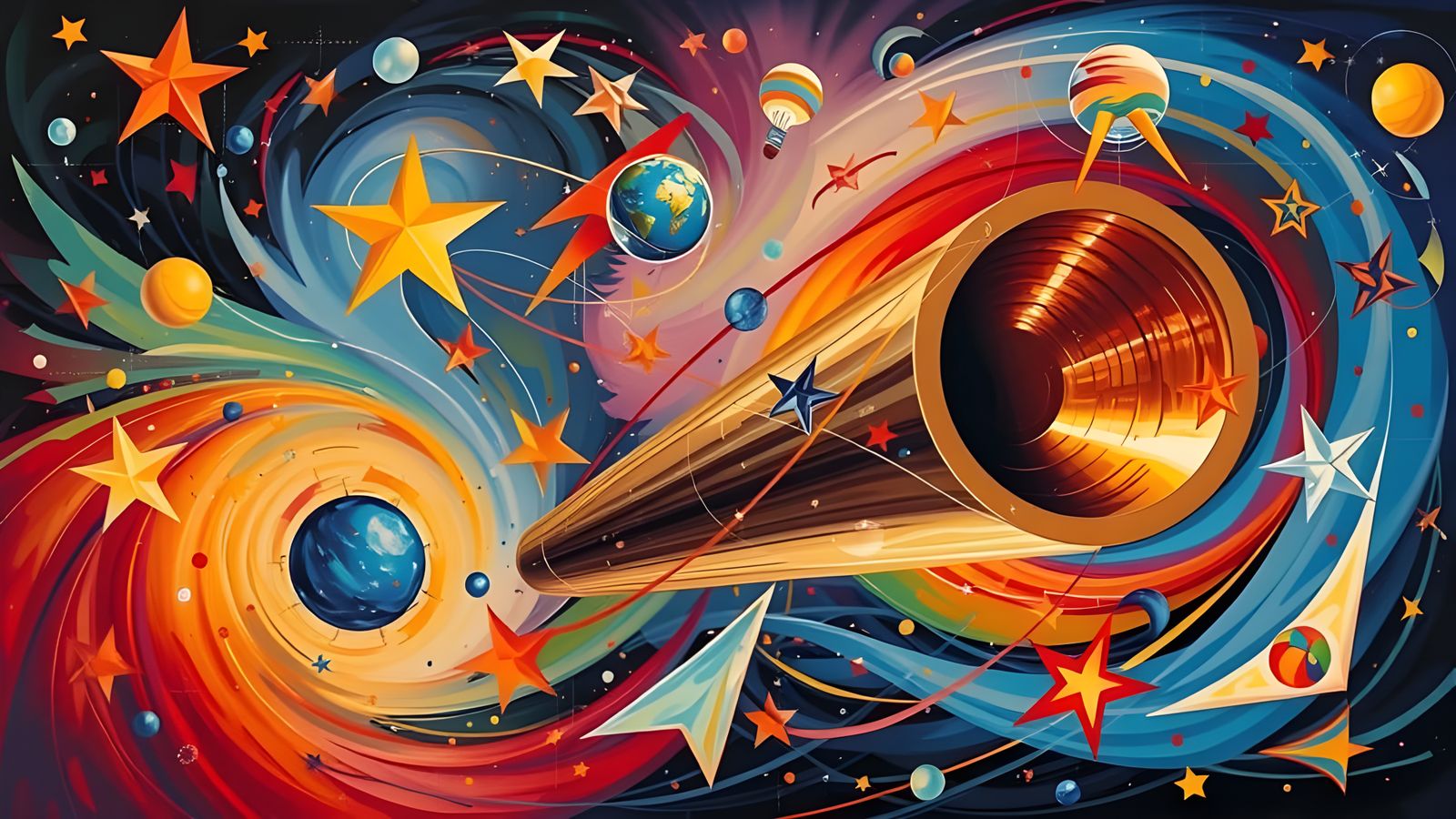 Reflective Cylinder Mirrors Kandinsky Stars in Dreamlike Cos...