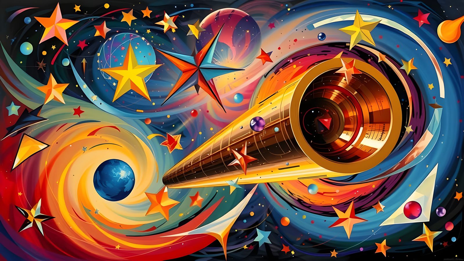 Reflective Cylinder Mirrors Kandinsky Stars in Dreamlike Cos...