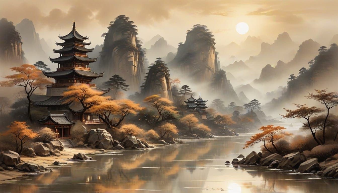 Ethereal Chinese Landscape in Soft Watercolor Style