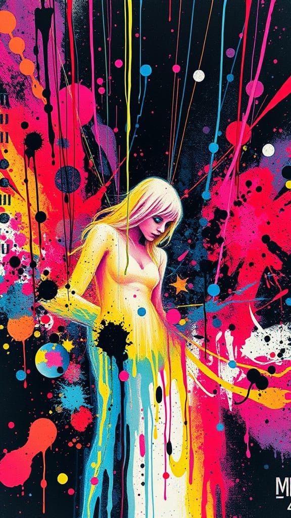 Glitchcore Pixel Art with Ghostly Figure and Ink Splashes