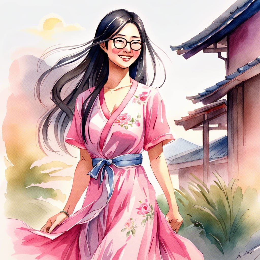 Chinese Woman in Pink Dress: Watercolour Art