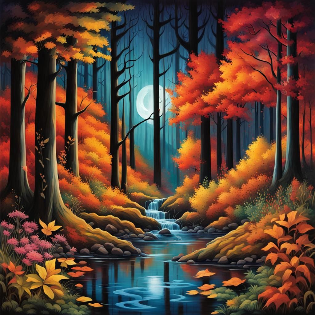Enchanted Autumn Forest Illuminated by Moonlight in Graffiti...
