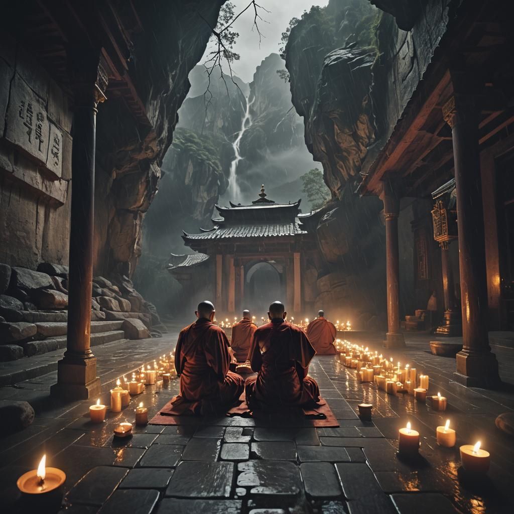 Monks Meditating in a Mountain Monastery