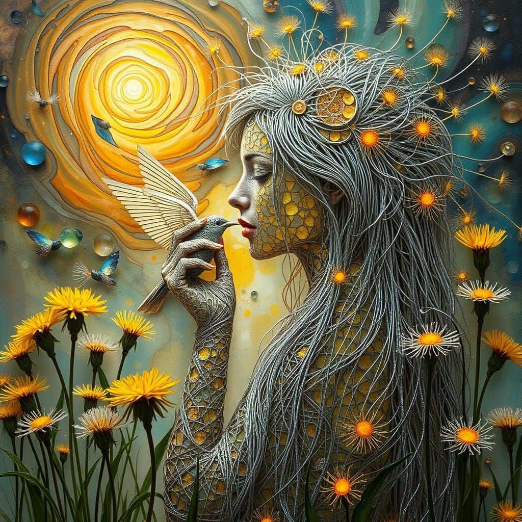 Ephemeral Eco-Art: Woman of Strings Kissing Bird