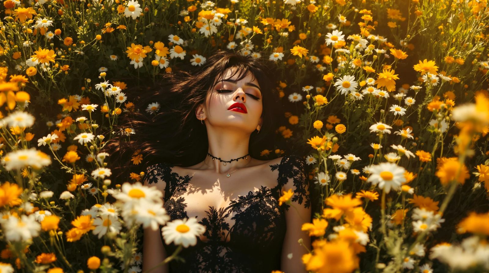 Goth Woman Rests in Sun-Drenched Autumn Field