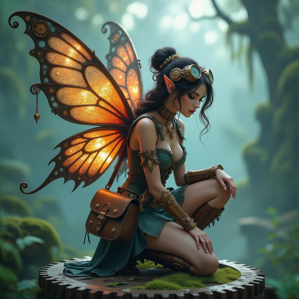 Steampunk Fairy with Clockwork Wings in Flight