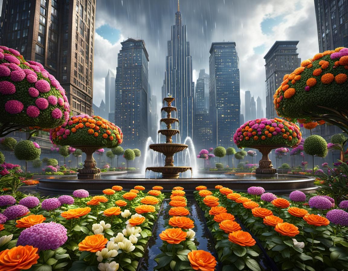 Urban Rooftop Garden with Fountain in Rain