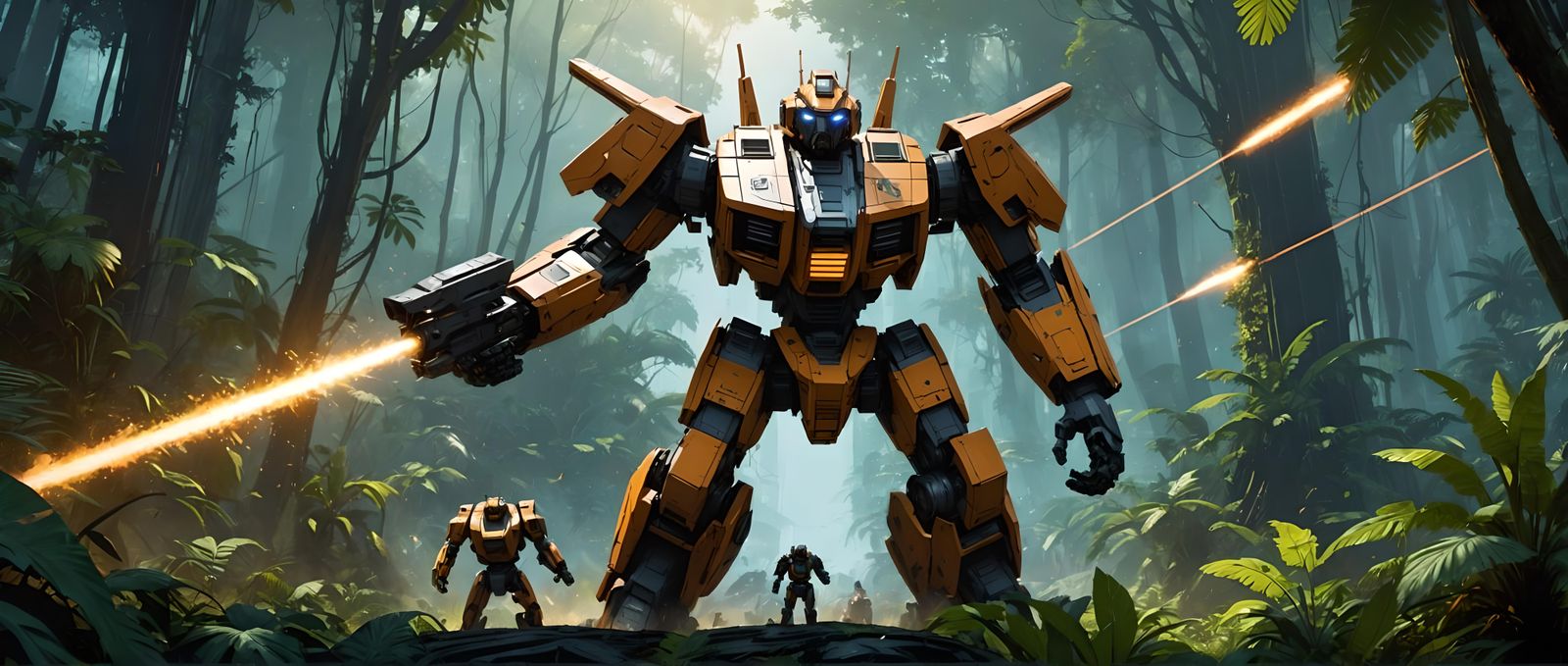 Jungle Planet Mecha Fight in Sci-Fi Style