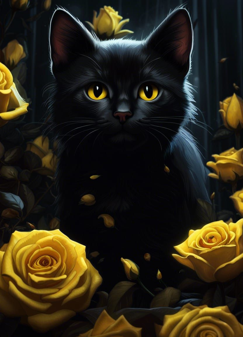 Kitten Among Yellow Roses: Dark Fantasy Art