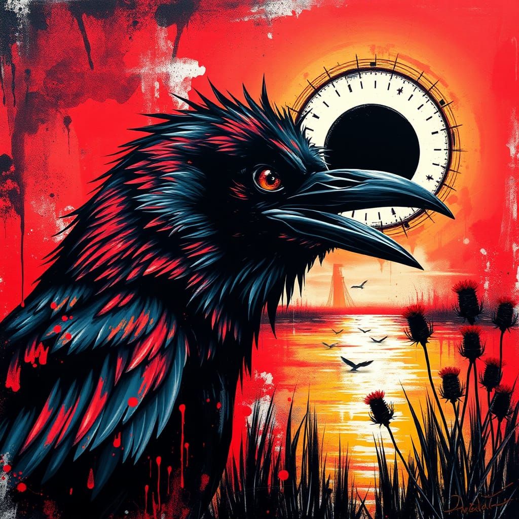 Crow in Ink with Black Sun Eclipse, Splash Art Style