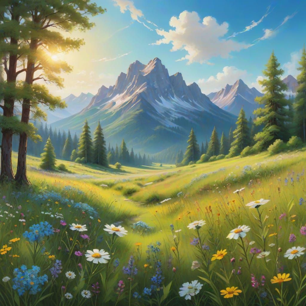 Bob Ross Style Panoramic Landscape with Wildflowers